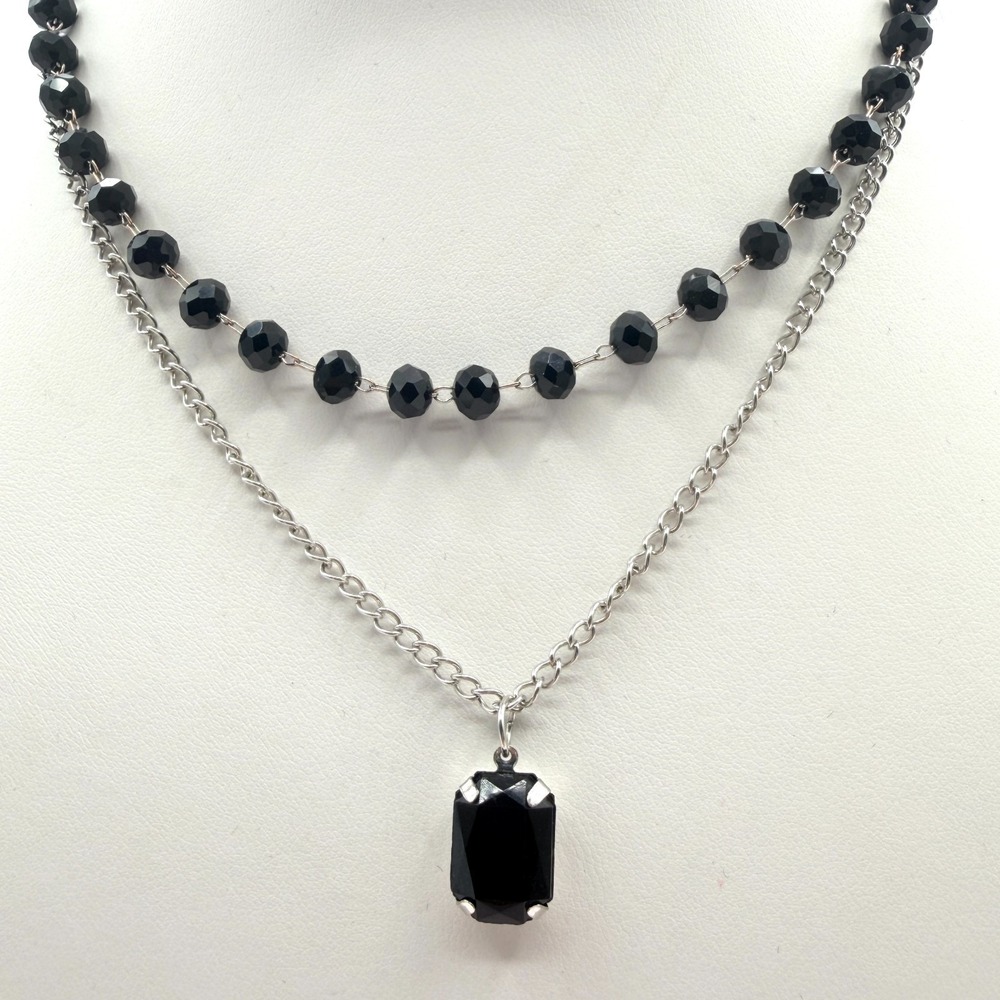 Vintage 90s Black Beaded Layered Necklace Silver Tone Emerald Cut Pendant Retro